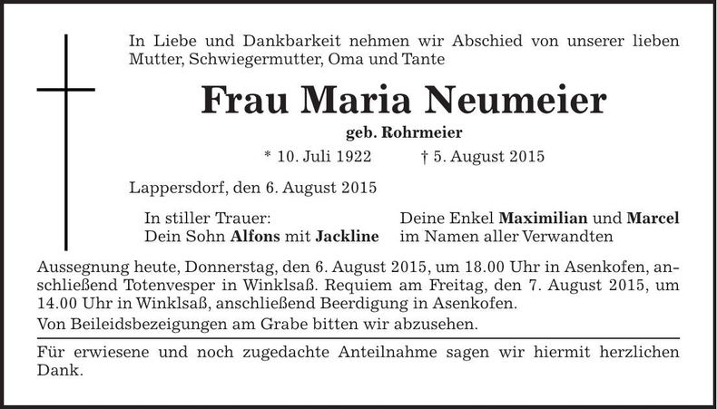 Traueranzeige Maria Neumeier