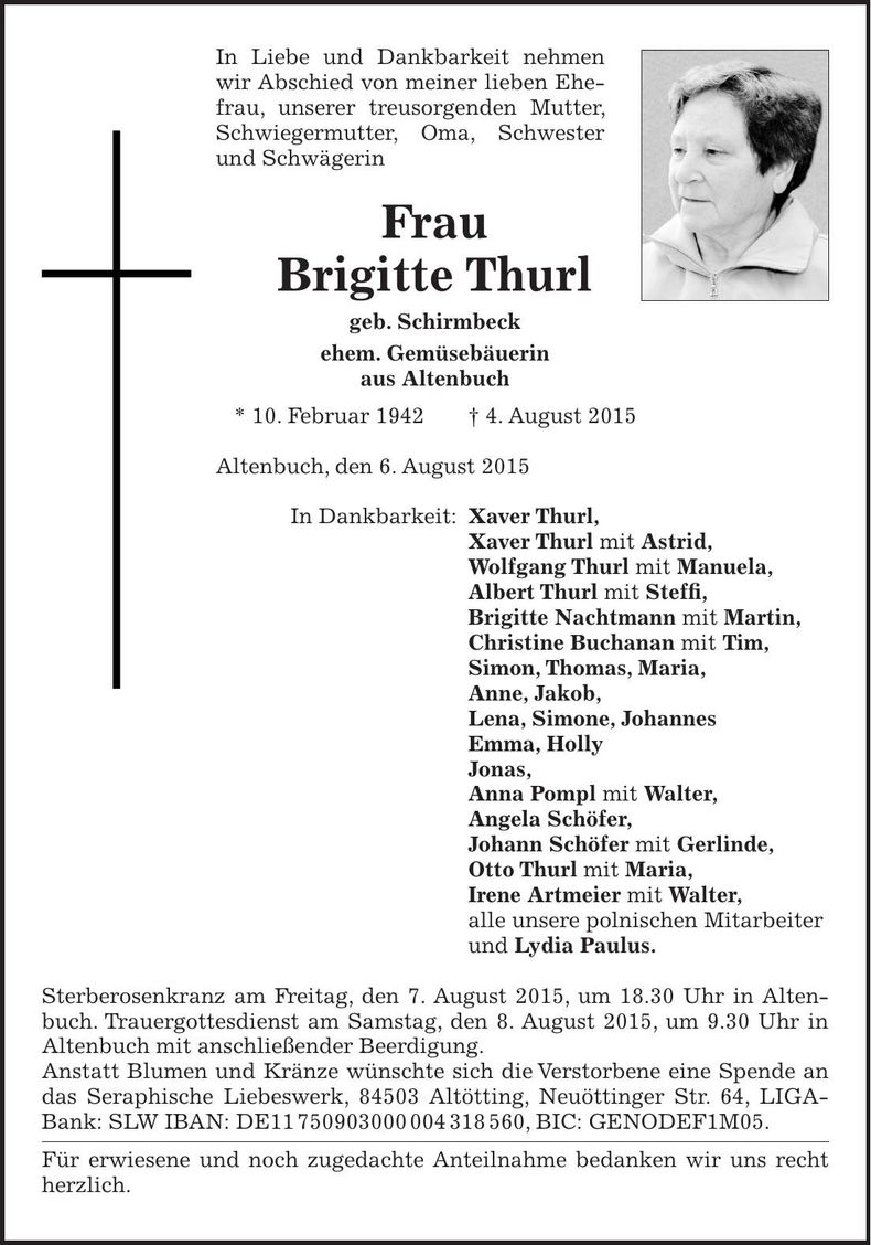 Traueranzeige Brigitte Thurl