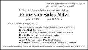 Traueranzeige Franz von Sales Nitzl