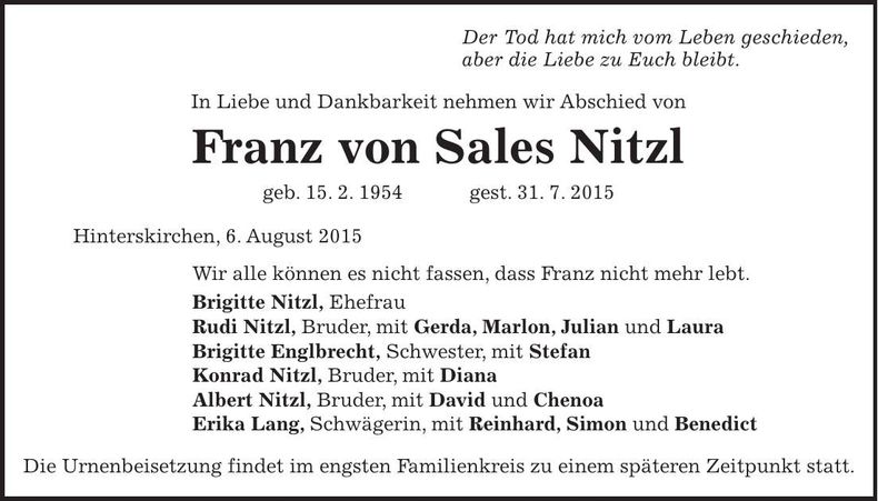 Traueranzeige Franz von Sales Nitzl