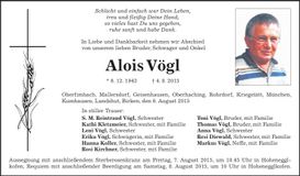 Traueranzeige Alois Vögl