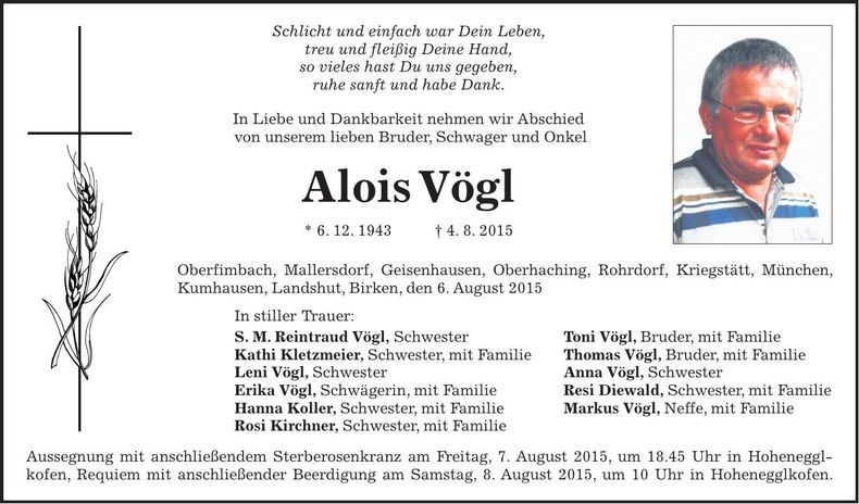 Traueranzeige Alois Vögl