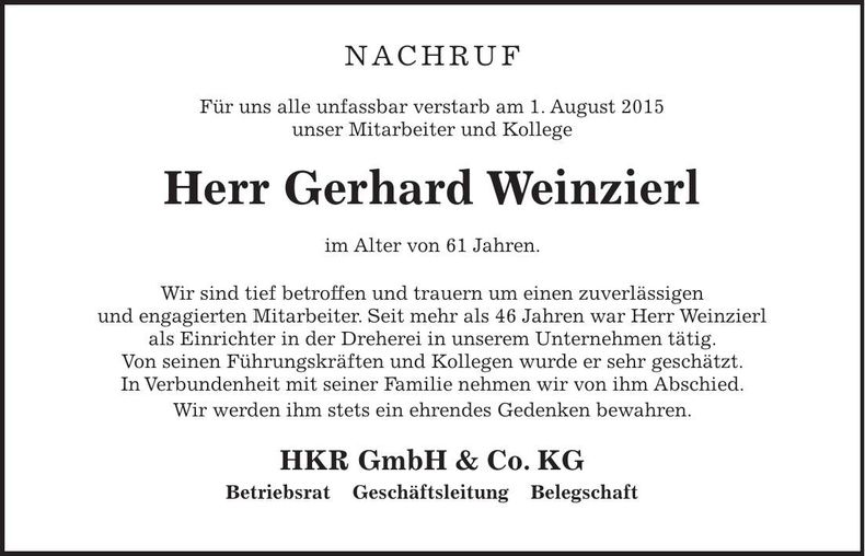 Traueranzeige Gerhard Weinzierl