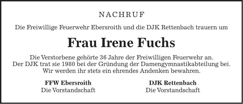 Traueranzeige Irene Fuchs