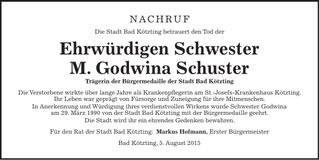 Traueranzeige Schwester Godwina Schuster