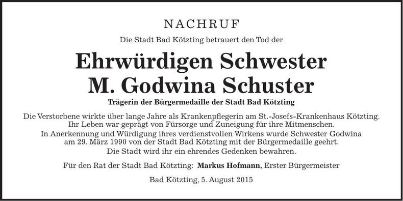 Traueranzeige Schwester Godwina Schuster