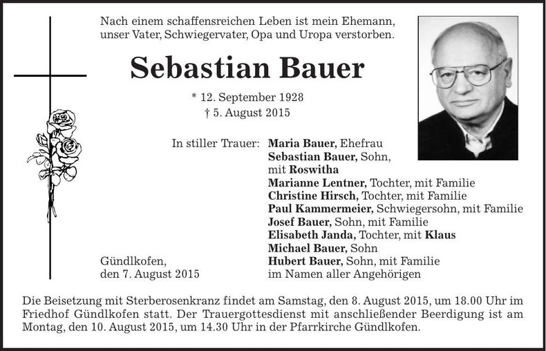 Traueranzeige Sebastian Bauer