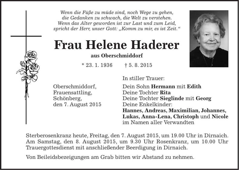 Traueranzeige Helene Haderer
