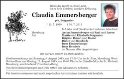 Traueranzeige Claudia Emmersberger