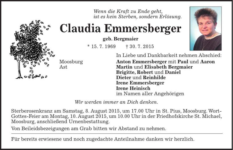 Traueranzeige Claudia Emmersberger