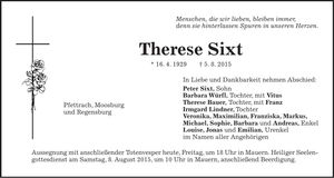 Traueranzeige Therese Sixt