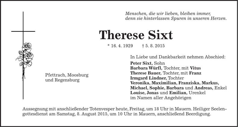 Traueranzeige Therese Sixt