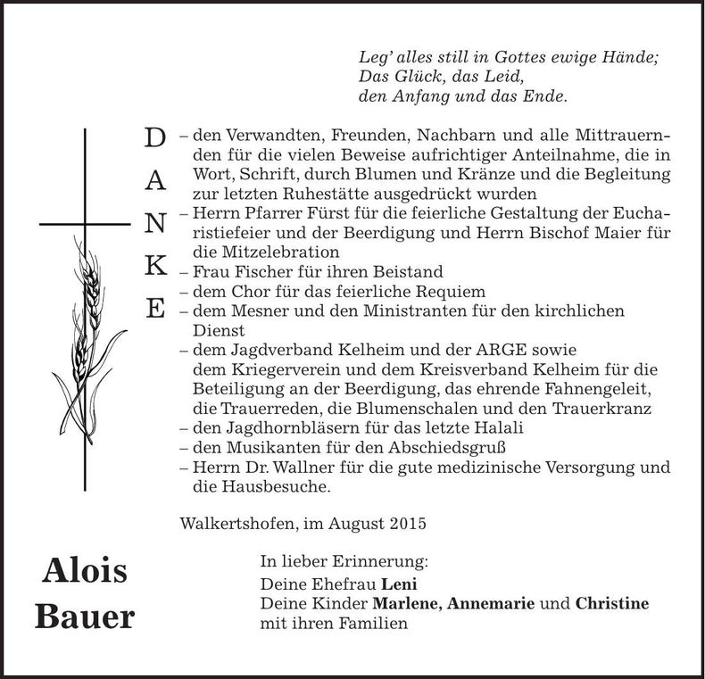Traueranzeige Alois Bauer