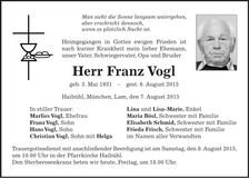 Traueranzeige Franz Vogl