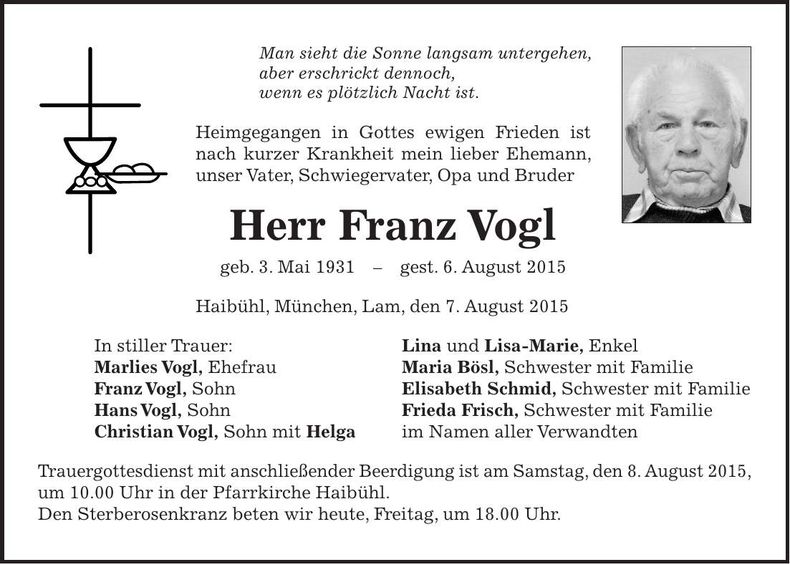Traueranzeige Franz Vogl