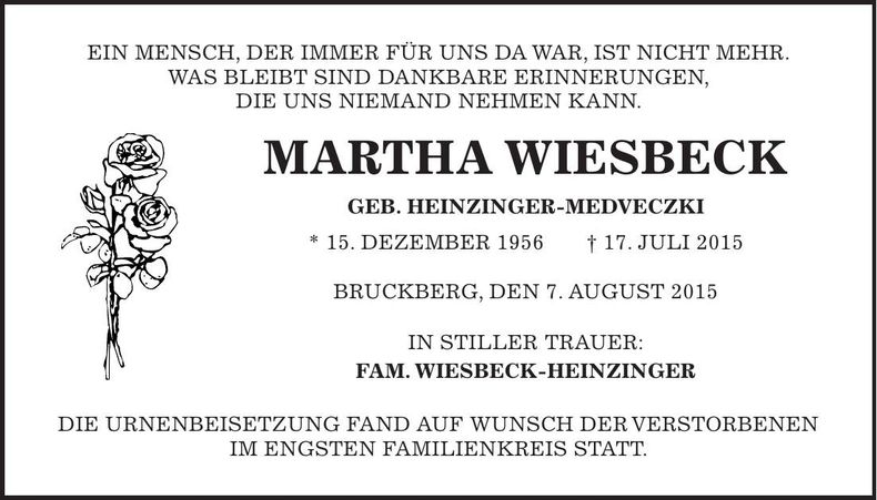 Traueranzeige Martha Wiesbeck
