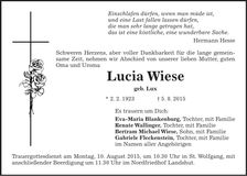 Traueranzeige Lucia Wiese
