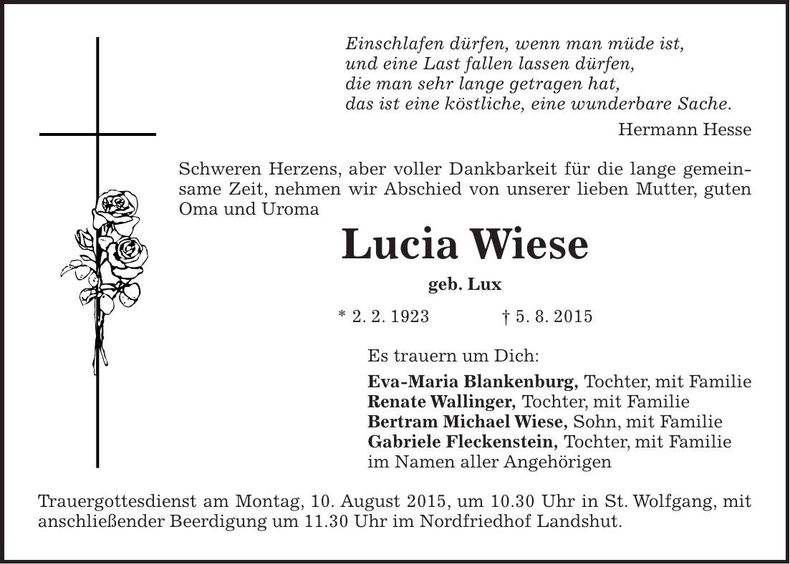 Traueranzeige Lucia Wiese