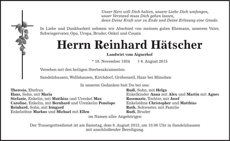 Traueranzeige Reinhard Hätscher