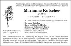 Traueranzeige Marianne Kutscher