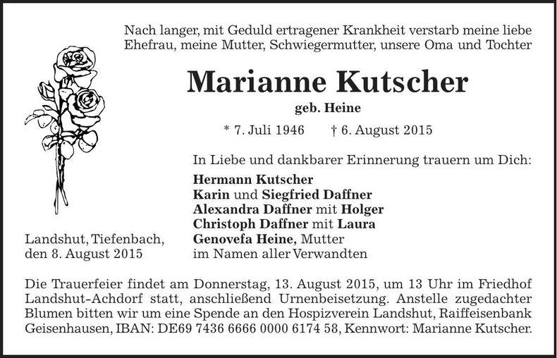 Traueranzeige Marianne Kutscher