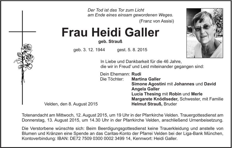 Traueranzeige Heidi Galler