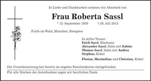 Traueranzeige Roberta Sassl