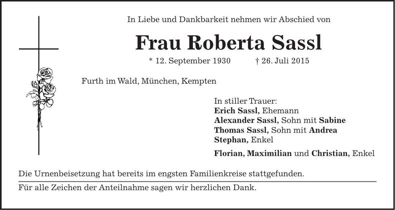 Traueranzeige Roberta Sassl