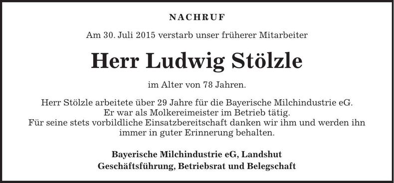 Traueranzeige Ludwig Stölzle
