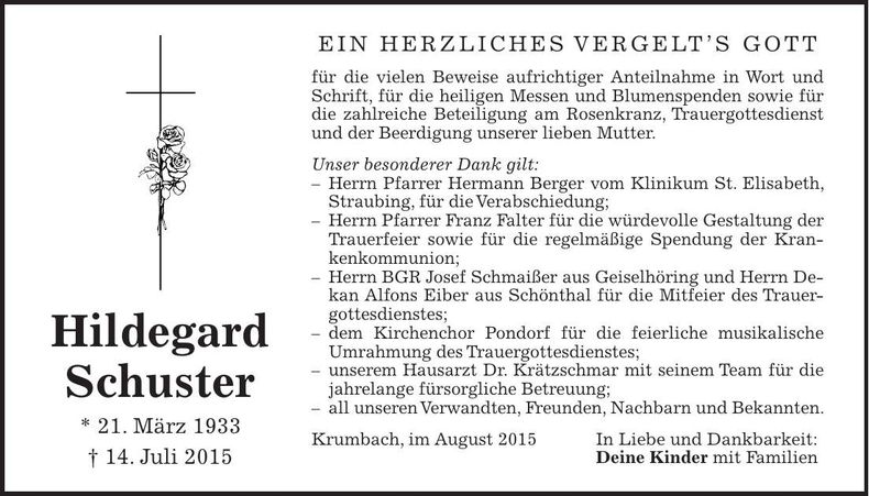 Traueranzeige Hildegard Schuster