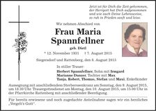 Traueranzeige Maria Spannfellner