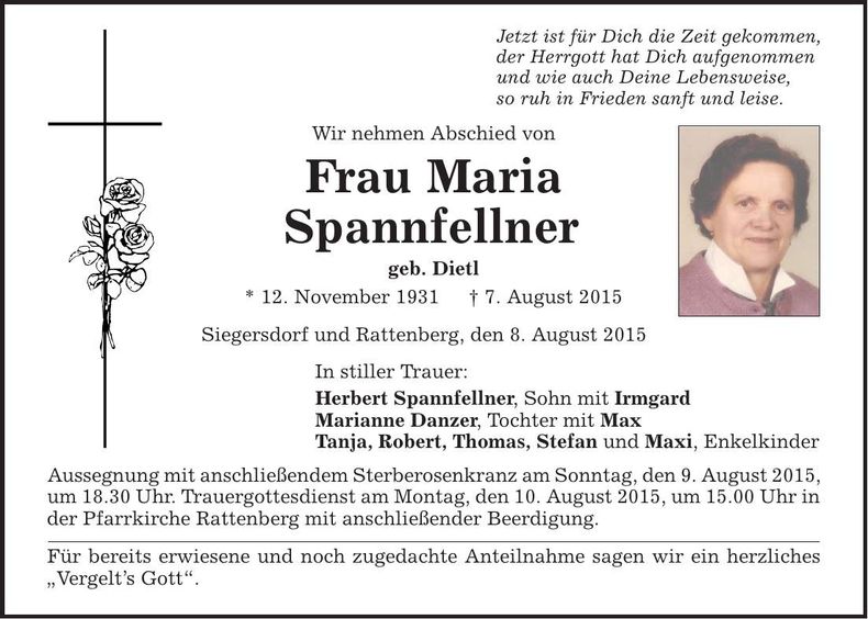 Traueranzeige Maria Spannfellner