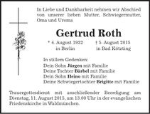 Traueranzeige Gertrud Roth
