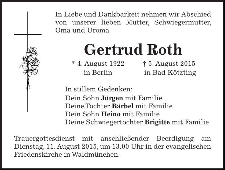 Traueranzeige Gertrud Roth