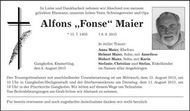 Traueranzeige Alfons Maier