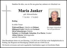Traueranzeige Maria Janker