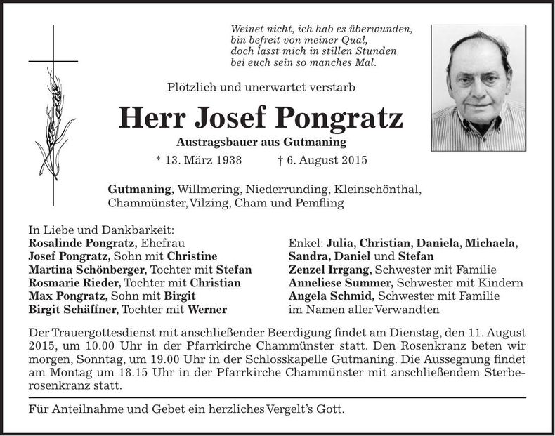 Traueranzeige Josef Pongratz