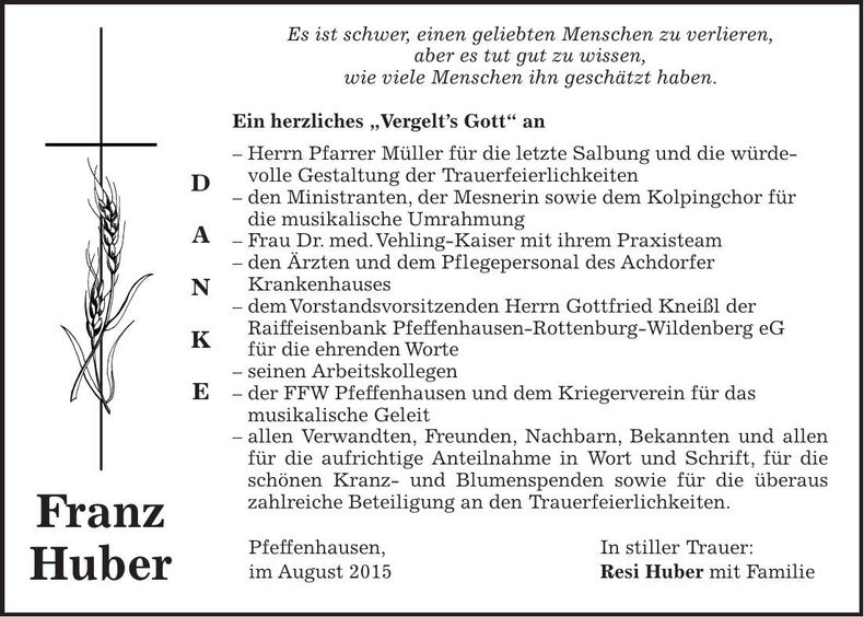 Traueranzeige Franz Huber