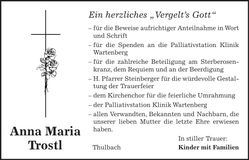 Traueranzeige Anna Maria Trostl