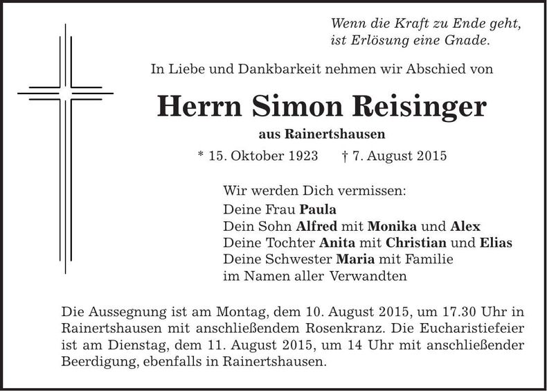 Traueranzeige Simon Reisinger