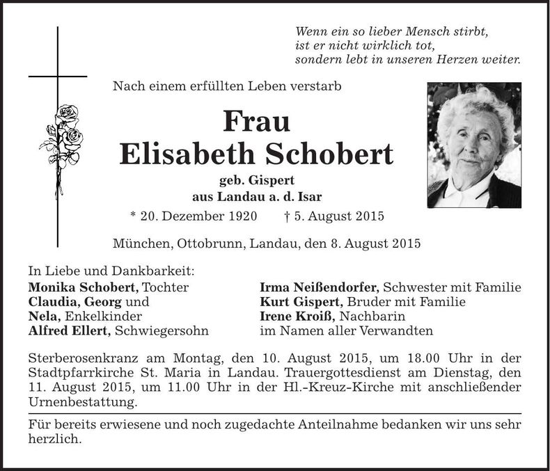 Traueranzeige Elisabeth Schobert