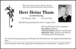 Traueranzeige Heinz Tham