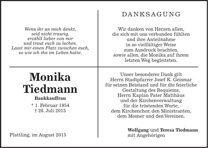 Traueranzeige Monika Tiedmann