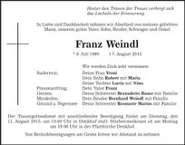 Traueranzeige Franz Weindl