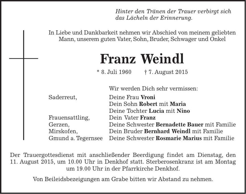 Traueranzeige Franz Weindl