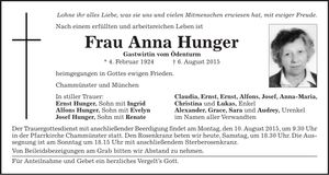 Traueranzeige Anna Hunger