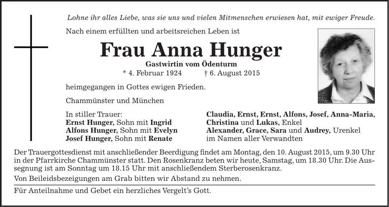 Traueranzeige Anna Hunger