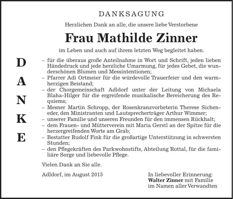 Traueranzeige Mathilde Zinner