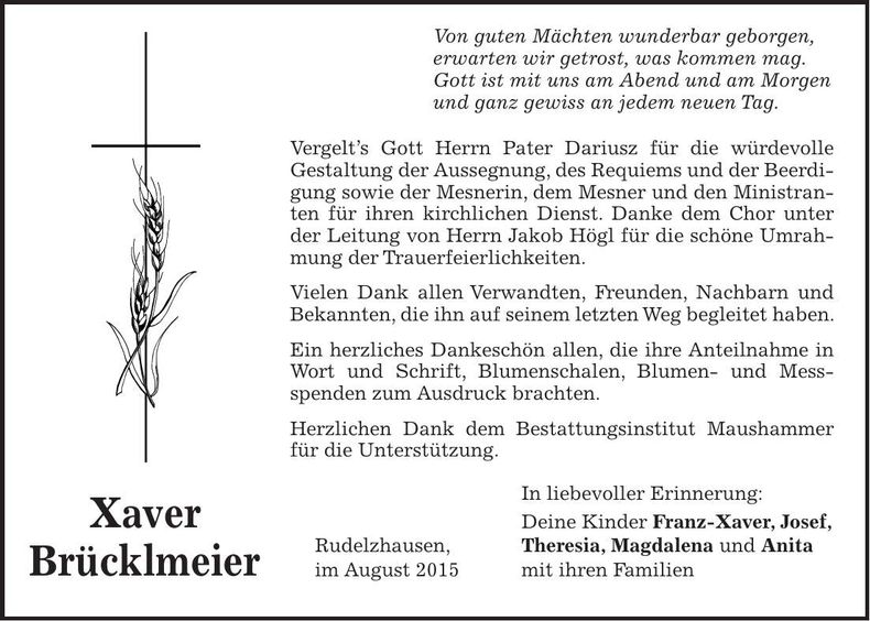 Traueranzeige Xaver Brücklmeier