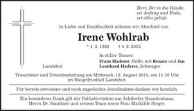 Traueranzeige Irene Wohlrab